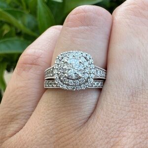 14k white gold engagement set. Size 5. Double halo setting, genuine diamonds.